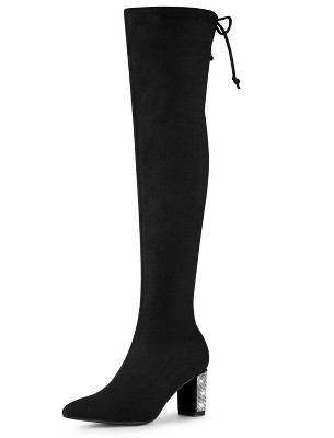 Allegra K Women's Chunky Heels Rhinestone Over the Knee High Boots