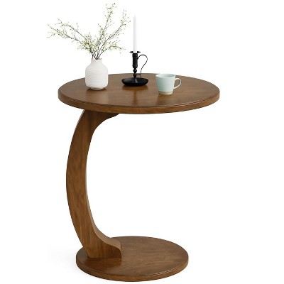 Vintage Brown Round Solid Wood C-Shaped End Table