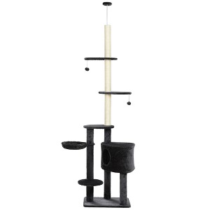 PawHut Adjustable Height Floor-To-Ceiling Vertical Cat Tree with Carpet Platforms, Condo & Rope Scratching Areas, Dark Gray - 1 of 4