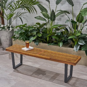 Lyngins Modern Rustic Outdoor Bench, Acacia Wood Outdoor Dining Bench, Closed Black Iron Legs, Slatted Surface, Patio Bench/Garden Bench for Backyard - 1 of 4