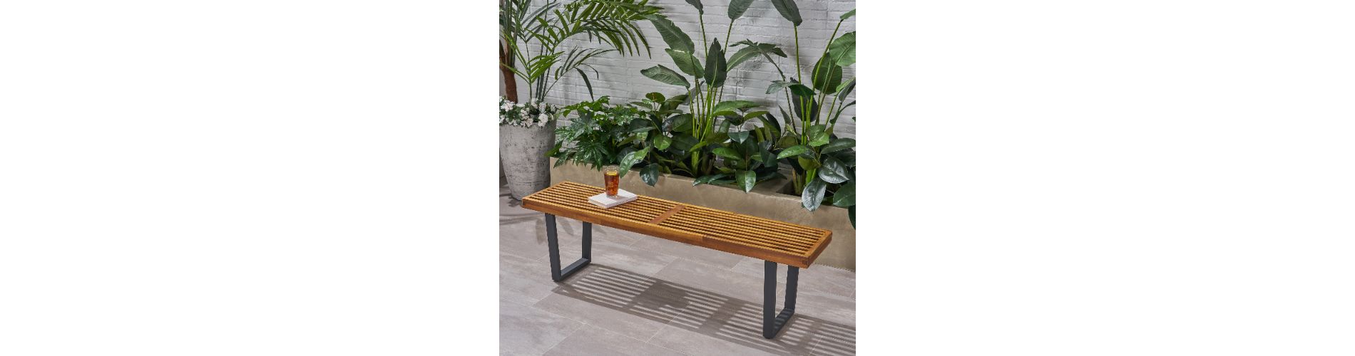 Lyngins Modern Rustic Outdoor Bench, Acacia Wood Outdoor Dining Bench, Closed Black Iron Legs, Slatted Surface, Patio Bench/Garden Bench, Natural