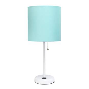 19.5" Bedside Power Outlet Base Metal Table Desk Lamp Brushed Steel with Fabric Shade - Creekwood Home
