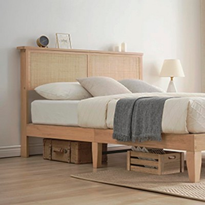 Rattan Bed Frame Full with Natural Rattan Headboard,Bohemian Rattan Full Size Bed Frame with LED Lights, With Silent Slats,No Box Spring Needed (Full)