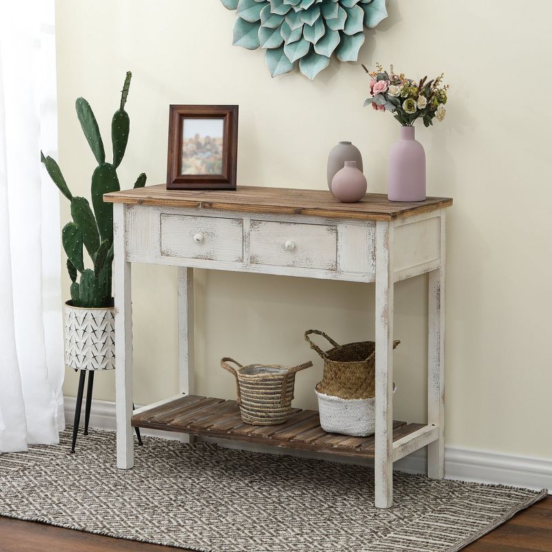 LuxenHome Distressed White and Wood 2-Drawer 1-Shelf Console Table and Entry Table, 3 of 17