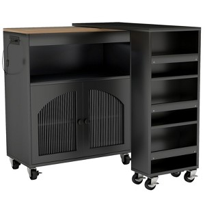 AEELLEEA Kitchen Island On Wheels with Extended Table MDF Rolling Kitchen Storage Cart 2 Fluted Glass Doors Side 3 Open Shelves Black - 1 of 4