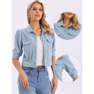 INSPIRE CHIC Women's Cropped Denim Puff Sleeve Button Down Vintage Jean Jackets with Pockets Large Light Blue — фото 2