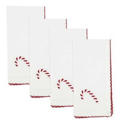 Whimsical White Cotton Candy Cane Napkin Set with Red Stitching