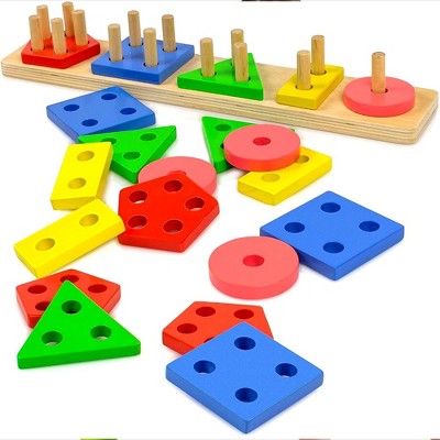 Image of Shape Sorter Color Wooden Bard - Kids Early Learning Toddler Shape Sorter Toys Stack and Sort - 20 Pieces Geometric Board Puzzle - Play22Usa