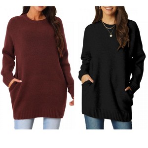 INSPIRE CHIC Women's Fall Winter Round Neck Long Sleeve Casual Tunic Sweater with Pockets 2 Packs - 1 of 4