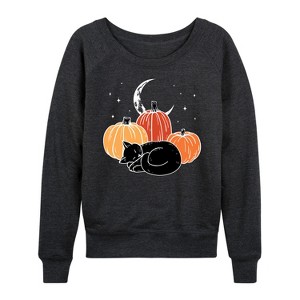Women's - Instant Message - Black Cat Pumpkin Nap Lightweight French Terry Wide Neck Long Sleeve Shirt - 1 of 4