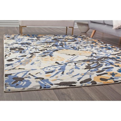 Blue Floral Synthetic 9' x 12' Stain-Resistant Area Rug