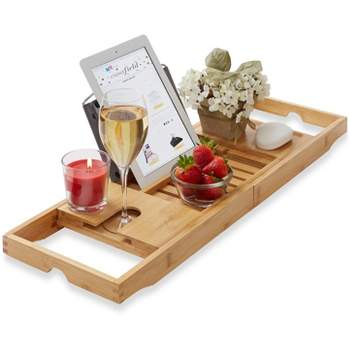 Wooden Bath Caddy Tray, iMounTEK Expandable Sides Bath Caddy Tray (Book,  Wine, Glass, Cell Phone Holder) Christmas Gift
