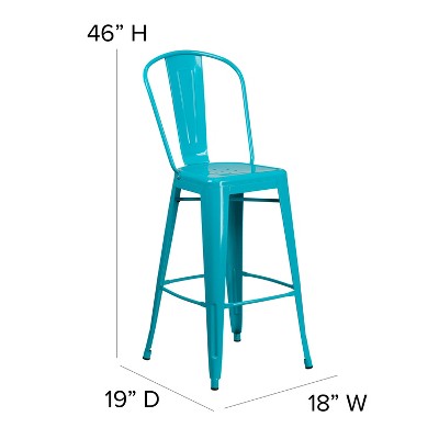 Crystal Teal-Blue Metal Indoor-Outdoor Barstool with Back