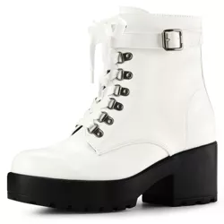 Allegra K Women's Solid Zip Chunky Heel Platform Ankle Combat Boots 7 White