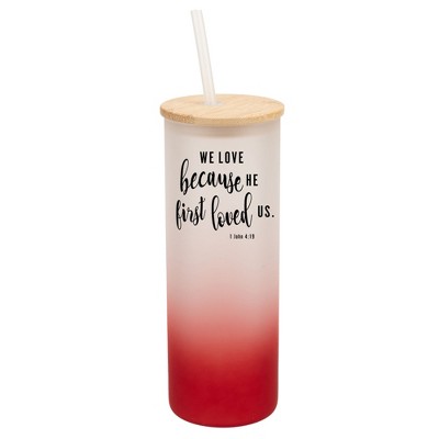 Elanze Designs We Love Because He First Loved Us Faith Wrap-Around Design 25 Ounce Frosted Gradient Glass On-The-Go Coffee Travel Skinny Tumbler Mug