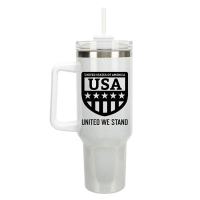 100 North USA United We Stand Flag Shield Wrap-Around 40 Oz. Stainless Steel Water Bottle Coffee Mug, Spill & Leak Resistant, Travel Tumbler with
