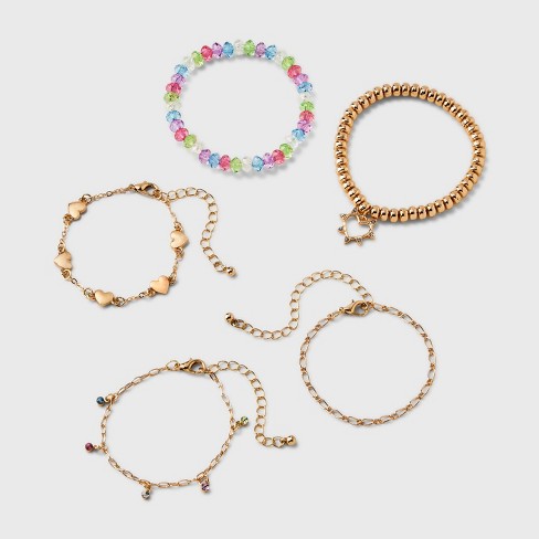 Girls' 5pk Mixed Bracelet Set With Stone And Heart Charms - Art