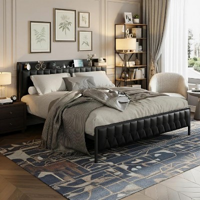 Bed Frame with PU Faux Leather, Charging Station, Platform Storage, Soft Headboard, No Box Spring Needed, Black