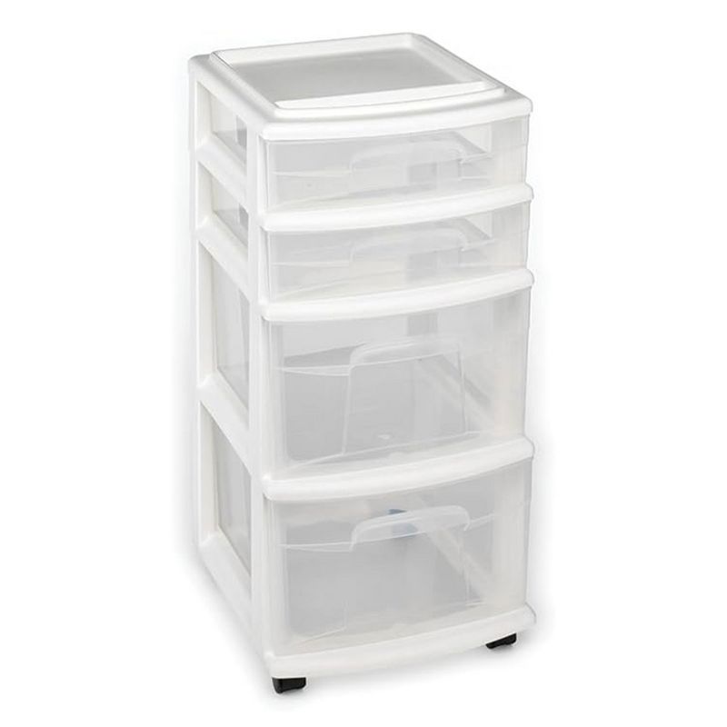 Homz Clear Plastic 4 Drawer Medium Home Storage Container Tower w/2 Large and 2 Small Drawers, and Removeable Caster Wheels, White Frame (2 Pack), 2 of 7