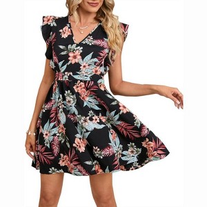 Coolmee Women's Summer Dress Cap Sleeve Casual Dresses V-Neck Floral Vacation Party Mini Dress - 1 of 4