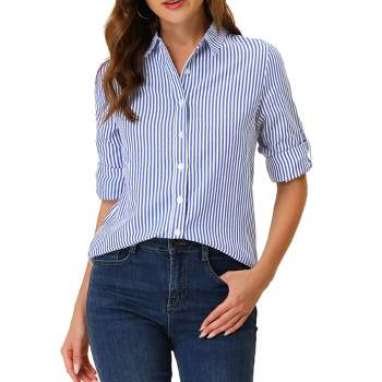 Allegra K Women's Striped Button Down Roll-up Long Sleeves Point Collar Shirt
