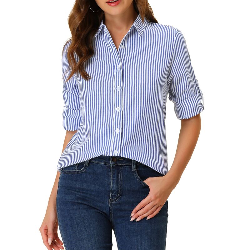 Allegra K Women's Striped Button Down Roll-up Long Sleeves Point Collar Shirt, 1 of 7