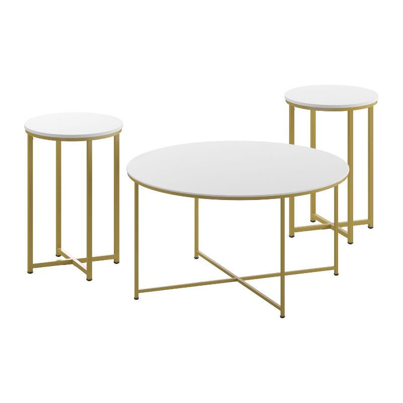 Emma and Oliver White Finish Table Set with Brushed Gold X Metal Frame-Coffee Table-2 End Tables, 1 of 9
