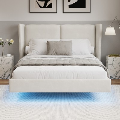 Full/Queen/King Size Floating Bed Frame with Wingback Upholstered Headboard and LED Lights, Velvet, No Box Springs Needed, Beige/Gray-ModernLuxe
