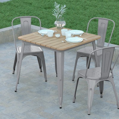 Emma and Oliver 31.5" Square Brown Poly Resin Top Dining Table with Silver Steel Base