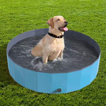 Portable Dog Pool for Large Dogs - Foldable Plastic Bathing Tub with Drain and Carrying Bag for Pets and Backyard Play with Kids by PETMAKER (Blue)