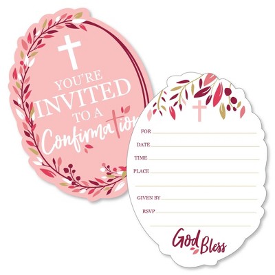 Big Dot of Happiness Confirmation Pink Elegant Cross - Shaped Fill-in Invitations - Girl Religious Party Invitation Cards with Envelopes - Set of 12