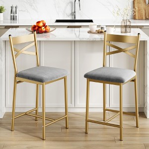 Bar Stools Set of 2/4, Gold Bar Stools Set of 2/4 with X-Shaped Backrest and Metal Footrest, Metal Bar Stools Set of 2/4 - 1 of 4