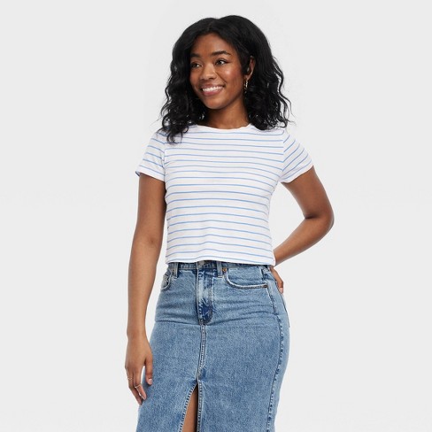 Women's Shrunken Short Sleeve T-shirt - Universal Thread™ Blue Striped Xl :  Target