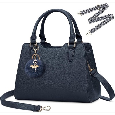 Women's Top Handle Tote Bag PU Faux Leather Shoulder Bag Women's Wallet Handbag with Cute Pom Pom