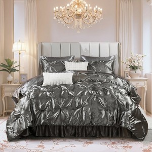 Satin Comforter Set Bed in a Bag – Pinch Pleat Luxury Bedding with Sheets, Pillowcases & Decorative Covers, Soft Silky Quilt - 1 of 4
