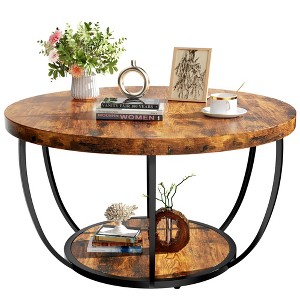 31.5" Wood Round Coffee Table with 2-Tier Storage, Modern Design, and Sturdy Metal Legs for Living Room & Kitchen - 1 of 4