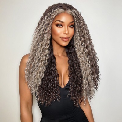 Jessie's Wig 22 Inch Curly 13*3.5 Synthetic Lace Wigs Brown Skunk Stripe With Blonde 1 Pc/Pack