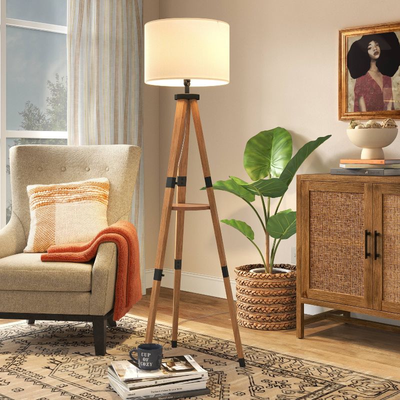 Tripod Floor Lamp with Shelf Brown Wood - Threshold™, 3 of 7