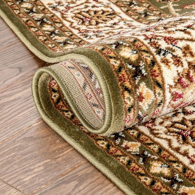 Green Floral Sarouk Runner Rug with Jute Backing
