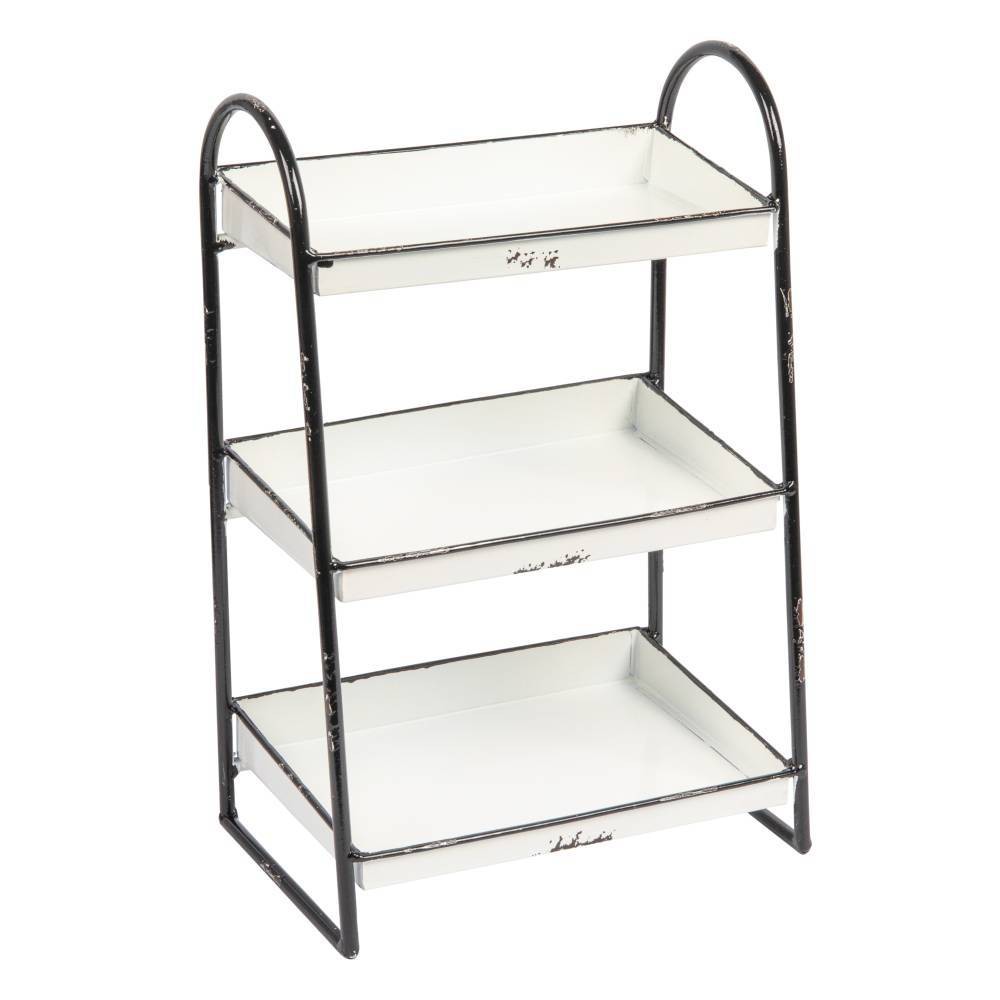 Photos - Other Furniture Storied Home 3-Tier Metal Tray with Black Frame and Rim Heavily Distressed White: Fixed Shelves, No Assembly Required