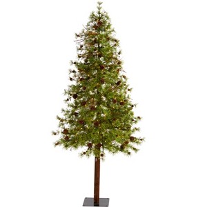 Nearly Natural 7-ft Wyoming Alpine Artificial Christmas Tree with 200 Clear (Multifunction) LED Lights and Pine Cones on Natural Trunk - 1 of 4