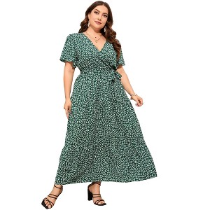 BLUEMING Summer Maxi Dress for Plus Size Women Tie Wasit Surplice Dress Flutter Sleeve A-Line Dress - 1 of 4