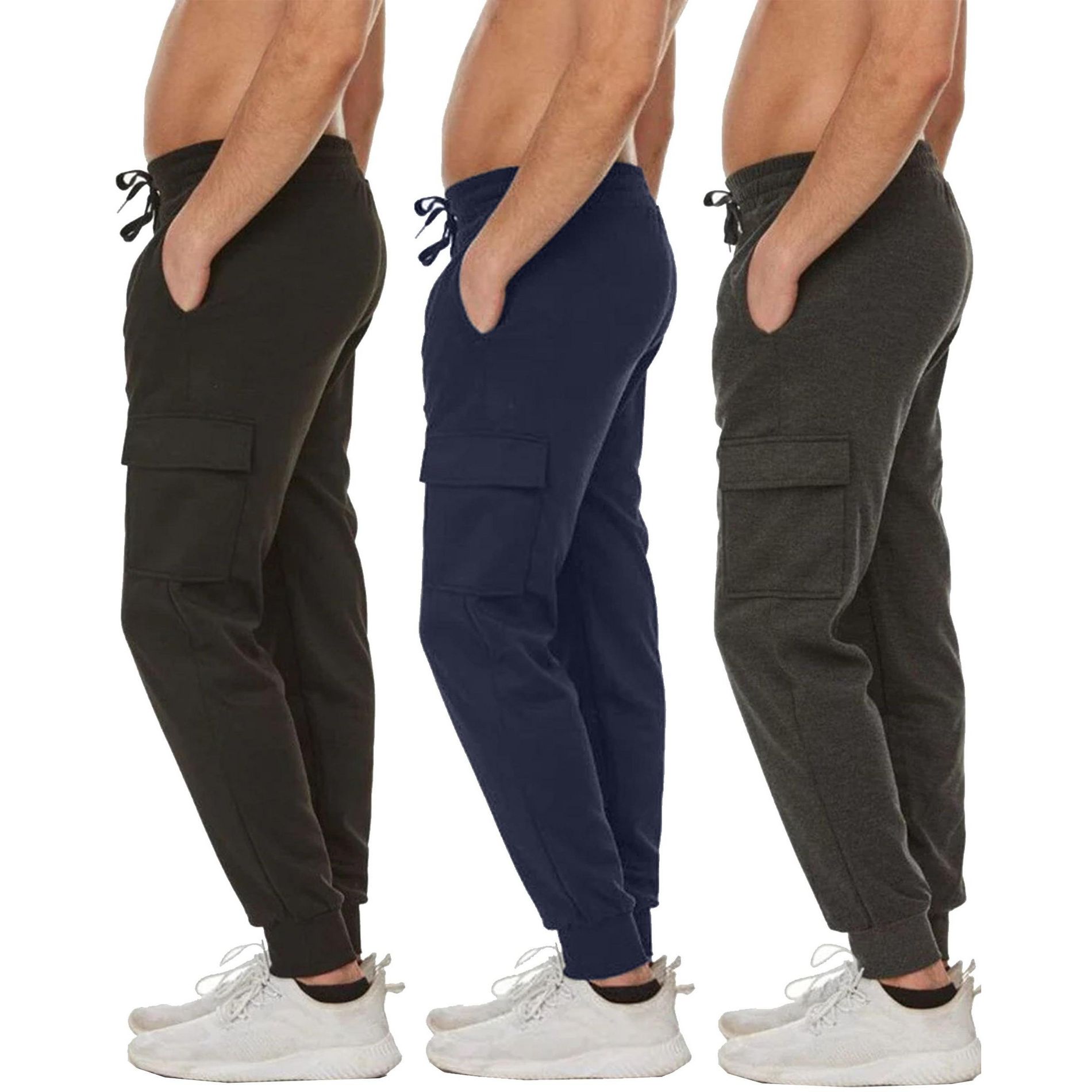 Blue Ice Men's Slim Fit Fleece Jogger Sweatpants with Velcro Cargo Pockets-3 Pack