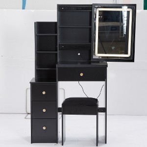 Ridstar 29.2 in. W Small Space Left Bedside Cabinet Vanity Table with Cushioned Stool For Small Space-Black - 1 of 4