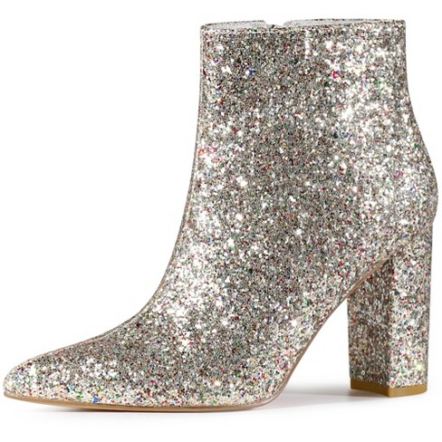 Perphy Women's Pointed Toe Chunky Heels Ankle Glitter Sparkly Boots ...