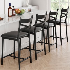 Bar Stools Set of 4, Counter Height Bar Stools with PU Upholstered Seat, 26"Metal Frame Kitchen Bar Chairs with X-Design Back and Footrest - 1 of 4