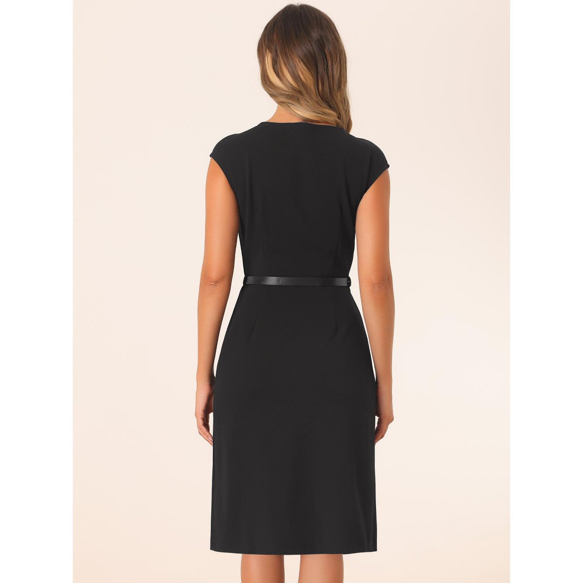 Женские платья INSPIRE CHIC Women's Elegant Business Round Neck Belted Cap Sleeve Work Sheath Dresses 2 Packs Black/Red Large — фото 3