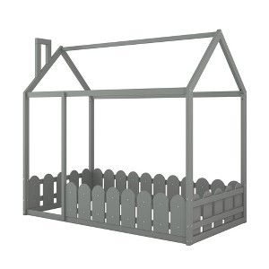 Bellemave Twin Size Montessori Floor Bed Wooden House Floor Bed Frame for Kids, Slats Not Included, Gray - 1 of 4