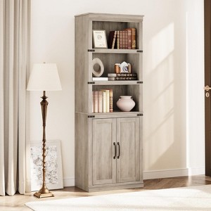 5 Tier 70 inch Tall Farmhouse Wooden Bookcases with Doors and Storage, for Home, Office Gray 12.9"D x 24.4"W x 68.7"H - 1 of 4
