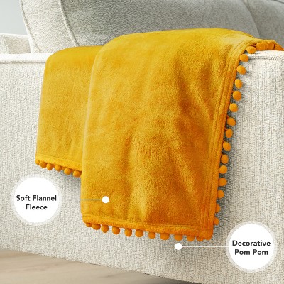 Cozy Mustard Yellow Twin Fleece Throw with Pom Pom Fringe